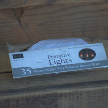 Load image into Gallery viewer, Primitive Lights 35 Warm White Tiny Bulbs on Brown Wire by WHD or 50 Warm White Lights