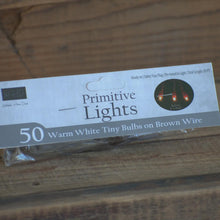 Load image into Gallery viewer, Primitive Lights 35 Warm White Tiny Bulbs on Brown Wire by WHD or 50 Warm White Lights