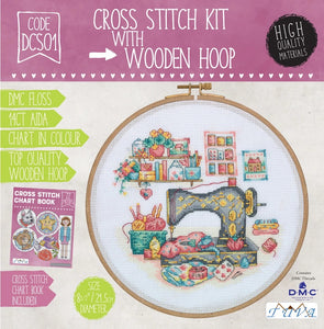CROSS STITCH KIT WITH WOODEN HOOP- SEWING ROOM Design DMC