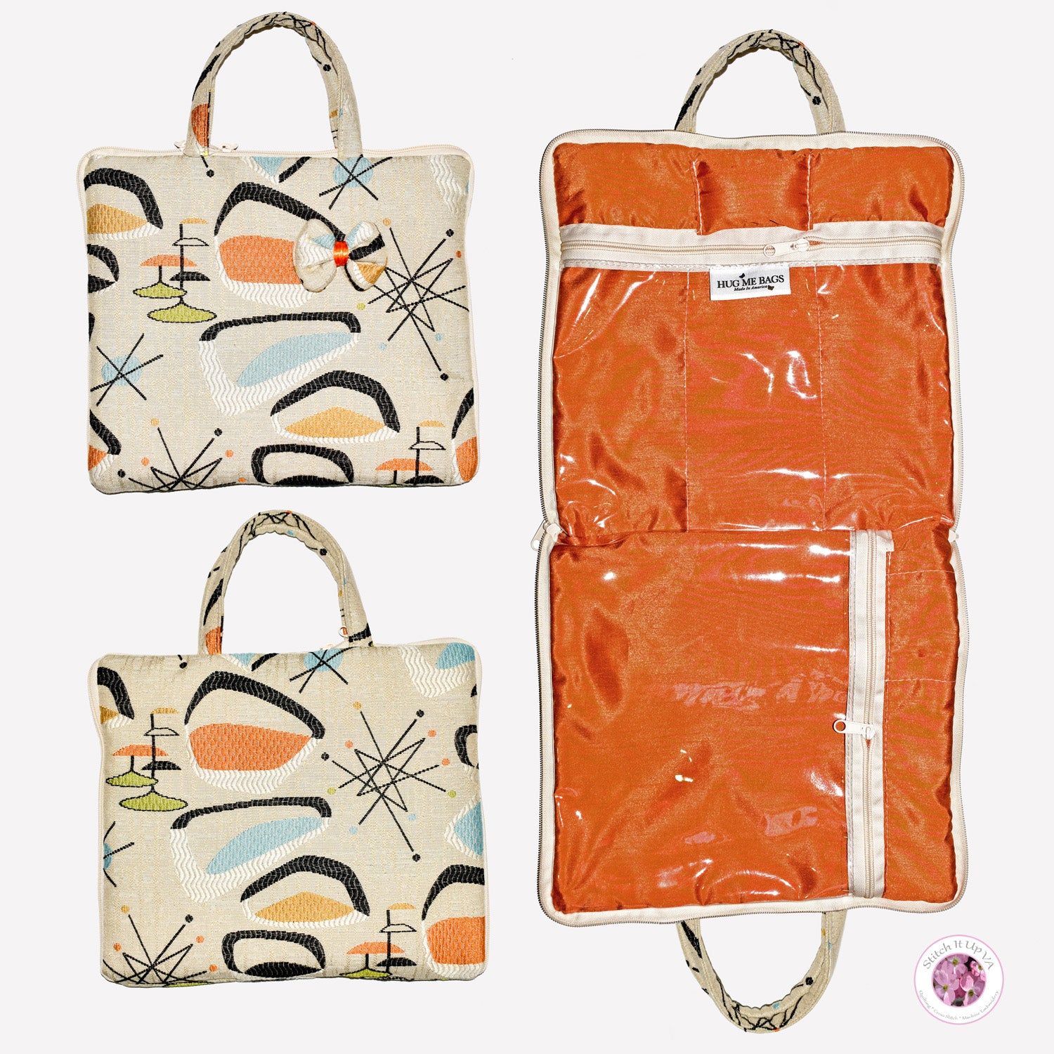 Embroidery Project Bag - Portable Organizer For Cross Stitch Hoops, Floss & Tools (Leaves Pattern)